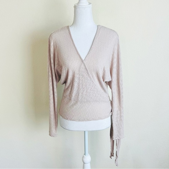 UO Light Pink Mauve Ribbed Surplice Cross Open Back Tie Side Long Sleeve Blouse - Picture 1 of 9